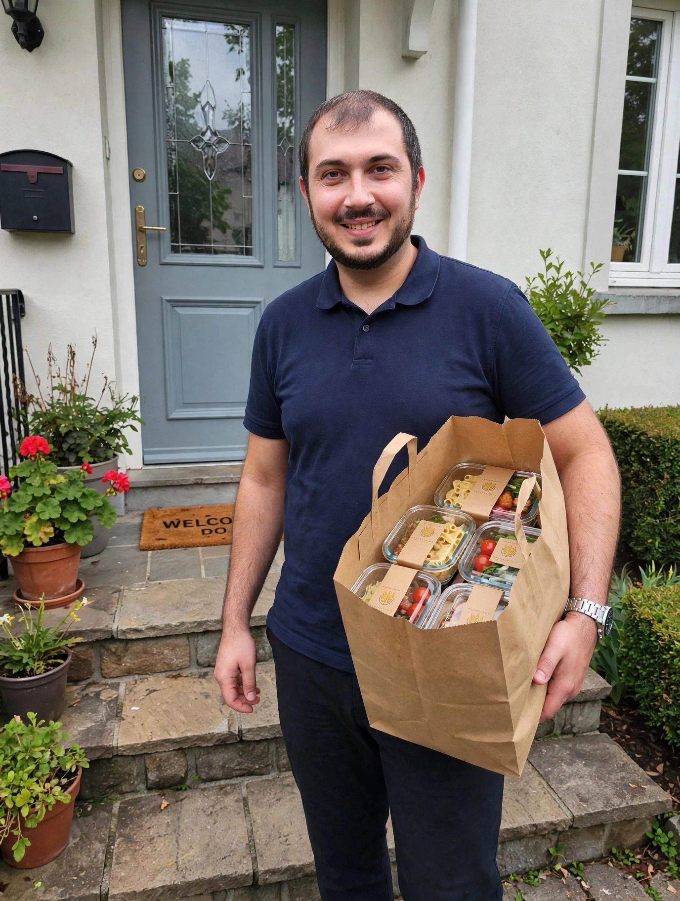 Carlo carrying a bag of prepared meals to a customer’s door