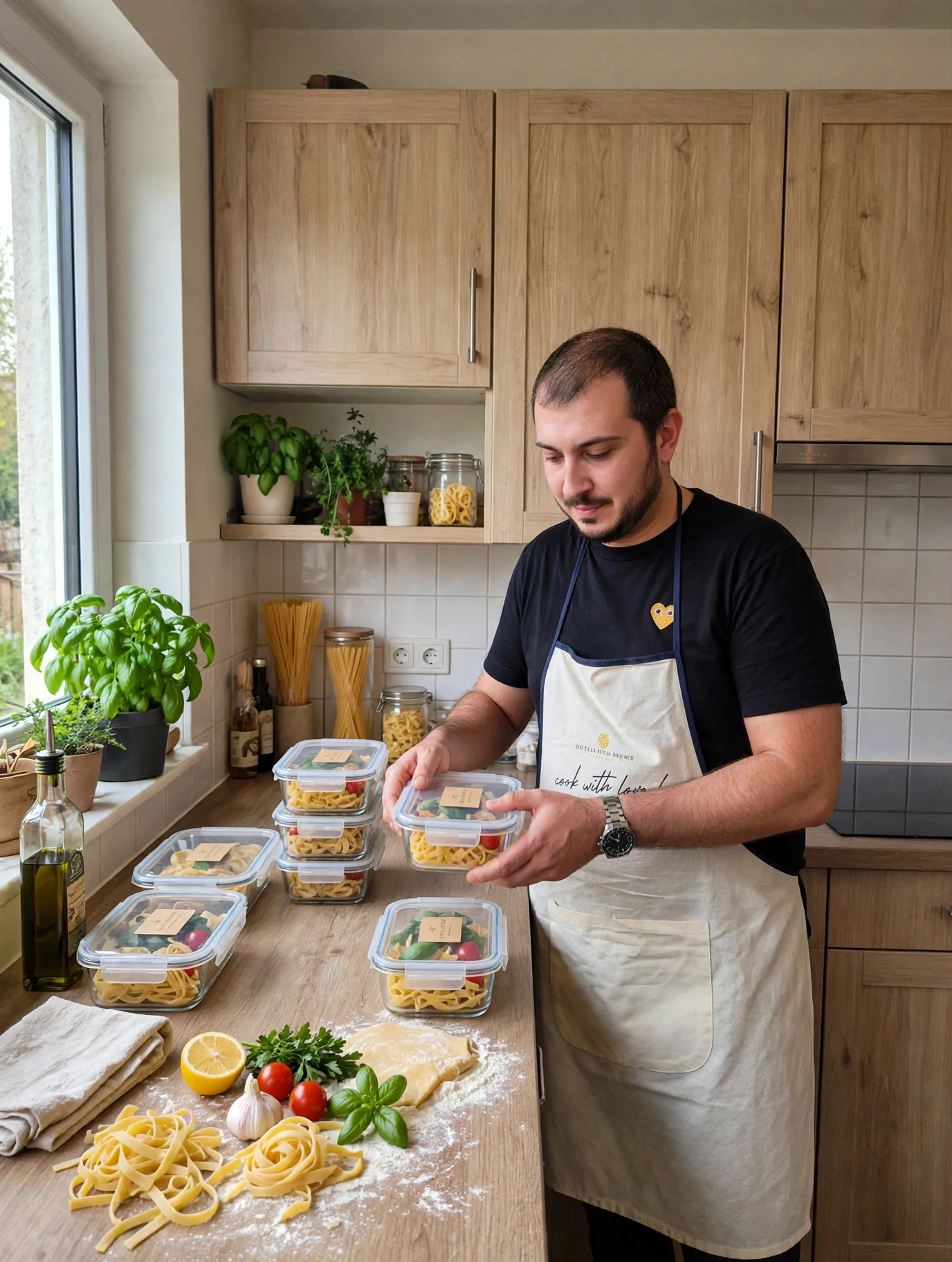 Carlo stacking freshly packed meal-prep containers